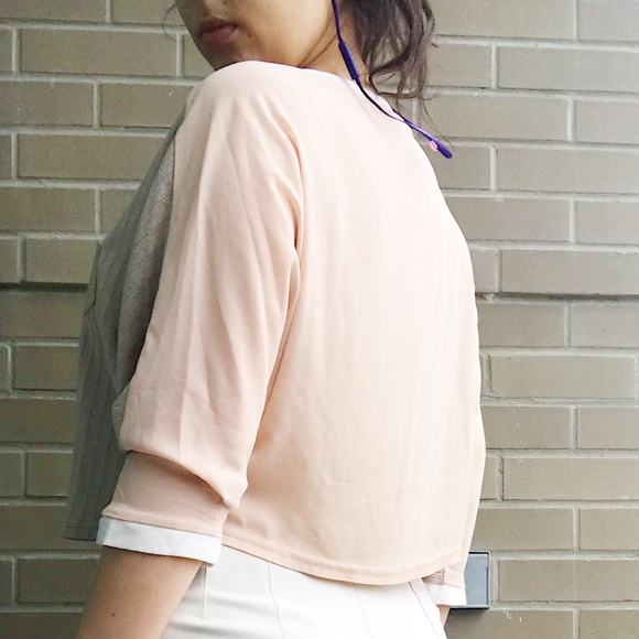 Unique Tan Knit and Chiffon Bat-wing Crop Blouse - Picture 6 of 10